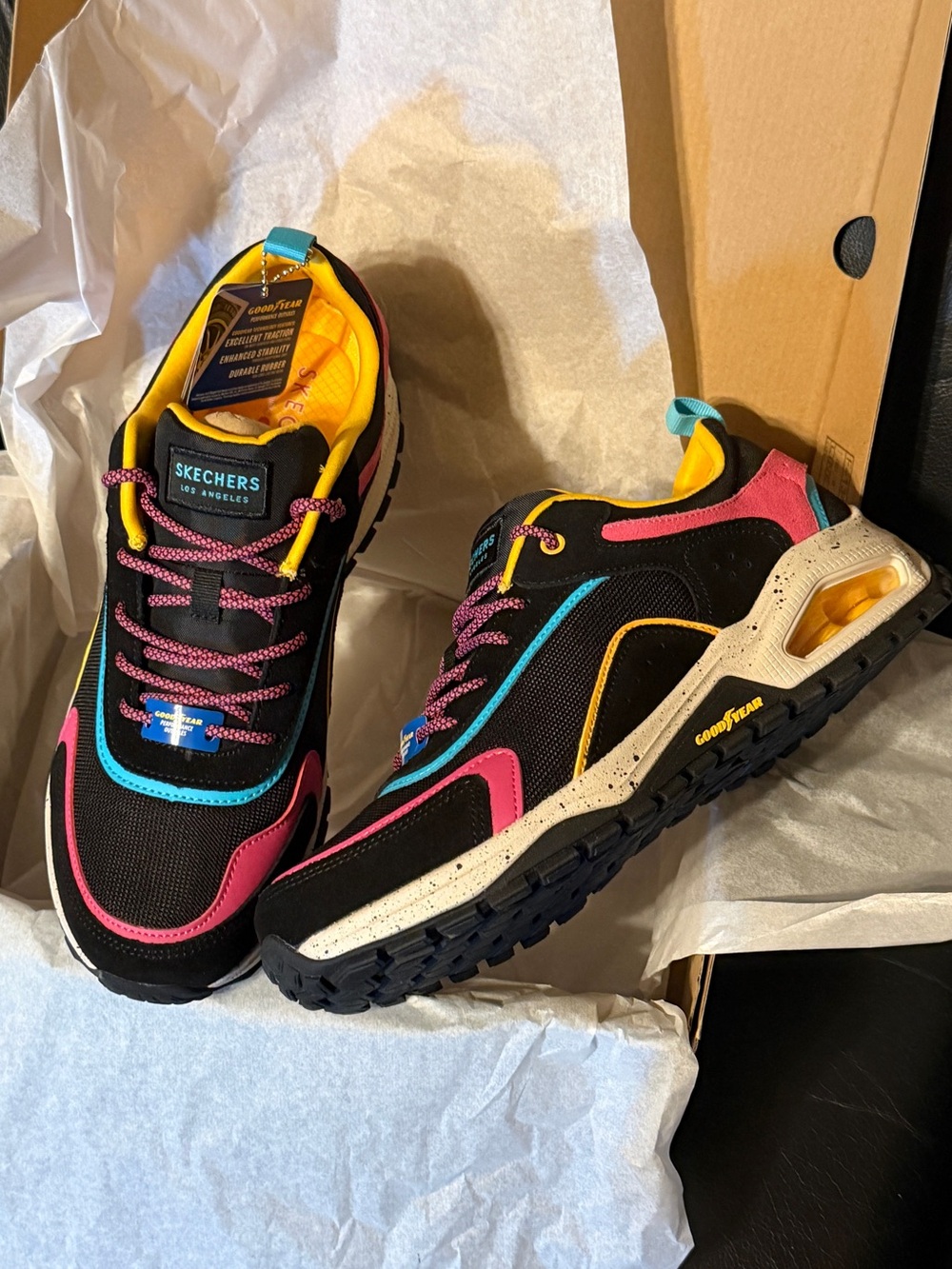 Skechers Black Pink Blue Yellow Accent Athletic Hiking Sneakers - New in Box - Picture 2 of 5